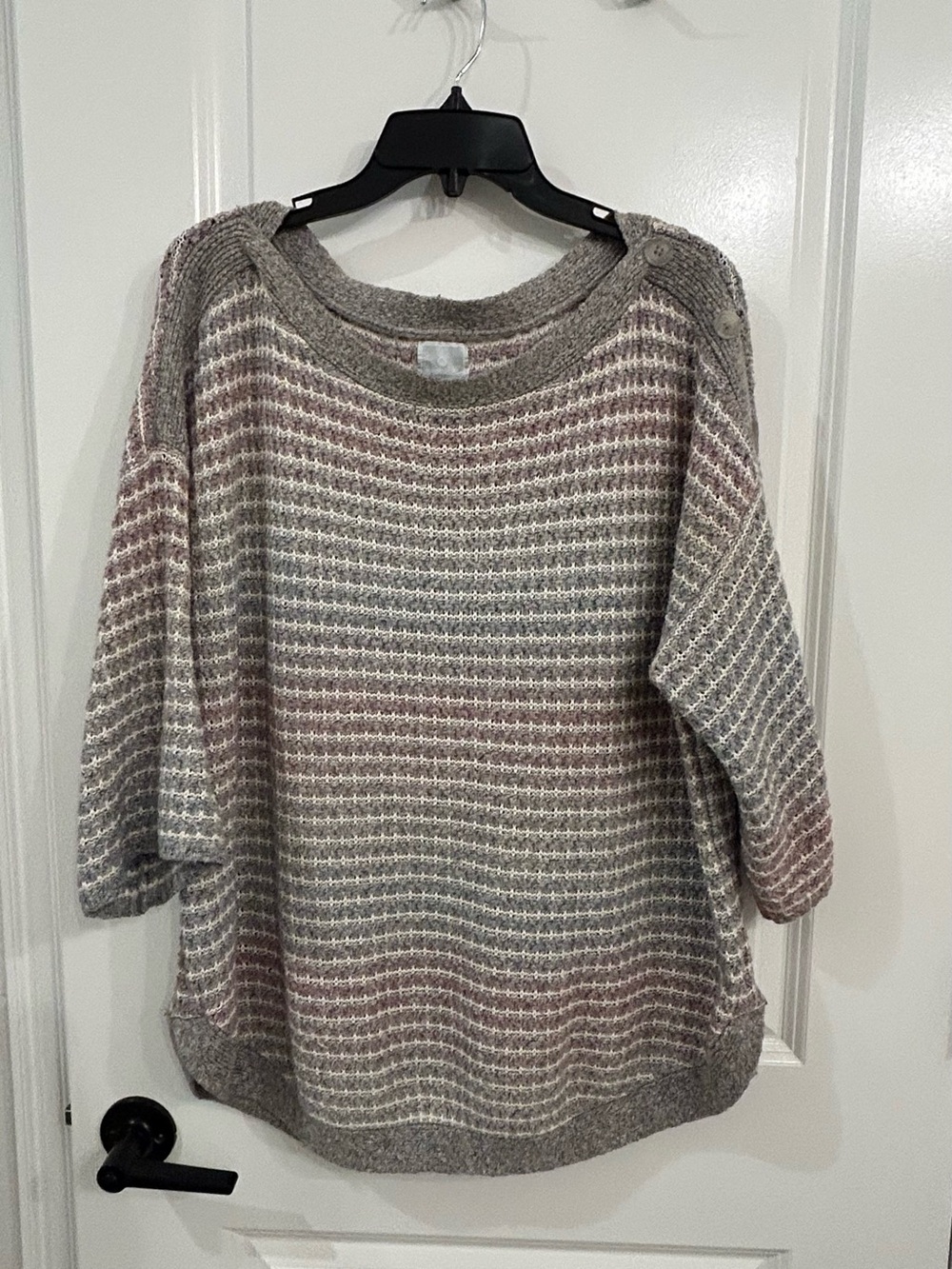 Ladies Striped Crew Neck Sweater - Gray, Cream & Lavender